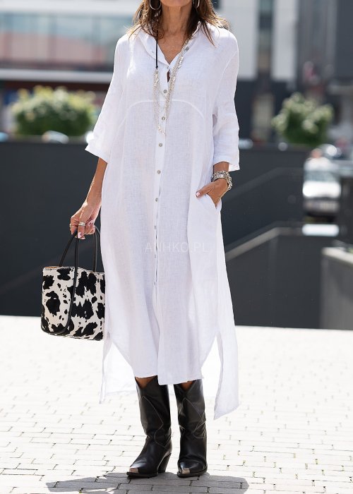 Biała lniana sukienka koszulowa maxi z guzikami, rękaw 3/4, luźny krój, idealna do letnich stylizacji boho