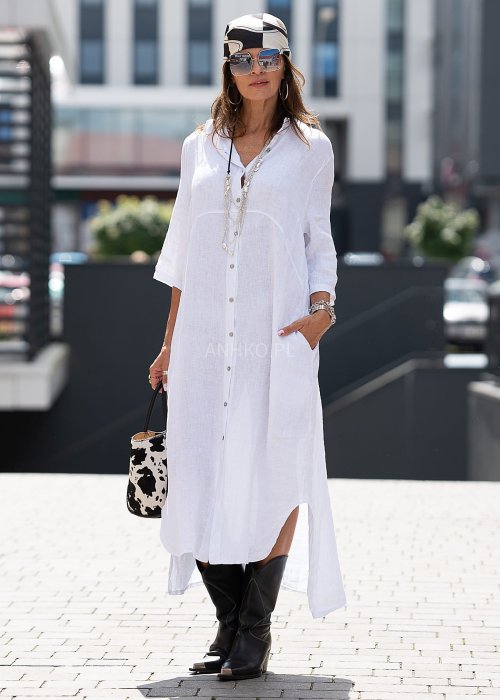 Biała lniana sukienka koszulowa maxi z guzikami, rękaw 3/4, luźny krój, idealna do letnich stylizacji boho