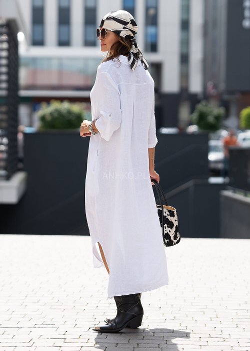 Biała lniana sukienka koszulowa maxi z guzikami, rękaw 3/4, luźny krój, idealna do letnich stylizacji boho