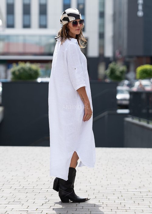 Biała lniana sukienka koszulowa maxi z guzikami, rękaw 3/4, luźny krój, idealna do letnich stylizacji boho