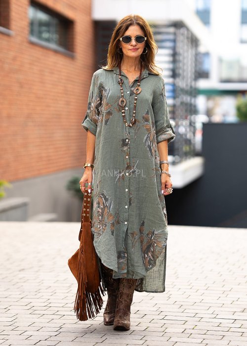 Lniana sukienka maxi w kolorze khaki z kwiatowym wzorem i kołnierzykiem w stylu boho