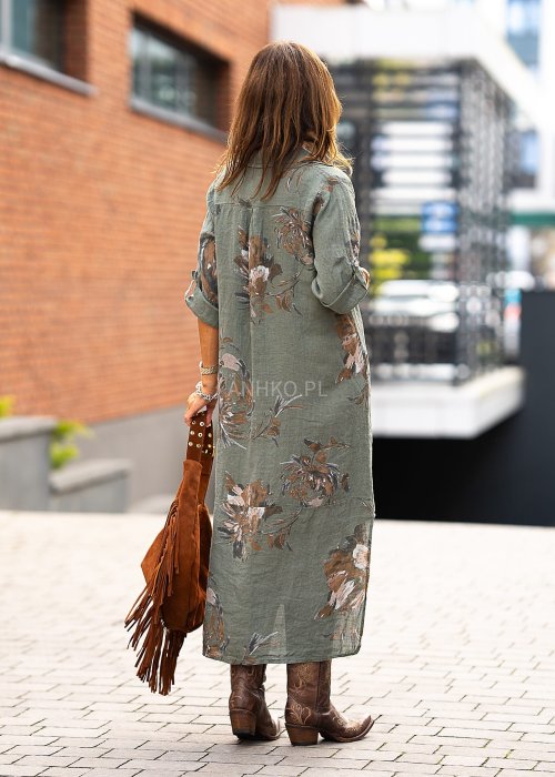 Lniana sukienka maxi w kolorze khaki z kwiatowym wzorem i kołnierzykiem w stylu boho