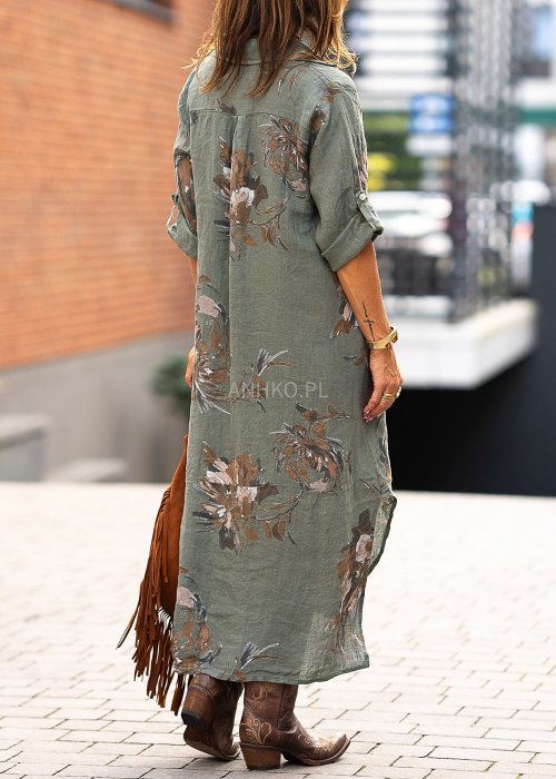 Lniana sukienka maxi w kolorze khaki z kwiatowym wzorem i kołnierzykiem w stylu boho