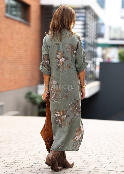 Lniana sukienka maxi w kolorze khaki z kwiatowym wzorem i kołnierzykiem w stylu boho