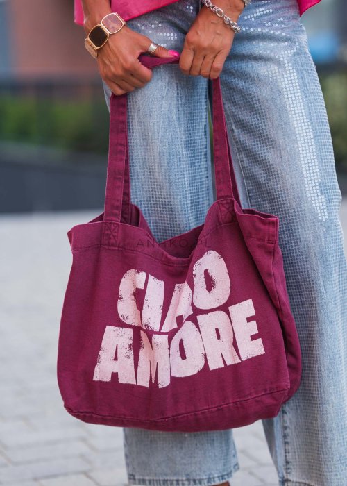 Bordowa bawełniana torba shopper z nadrukiem w różowym kolorze „CIAO AMORE” i długimi uchwytami na ramię