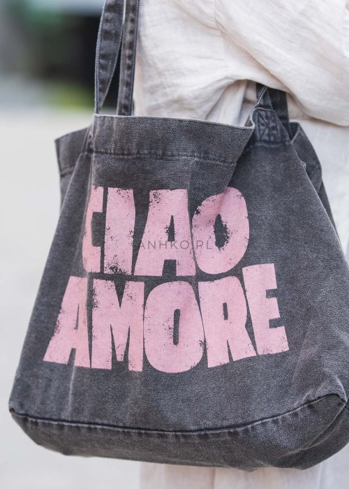 Ciemnoszara bawełniana torba shopper z nadrukiem w różowym kolorze „CIAO AMORE” i długimi uchwytami na ramię