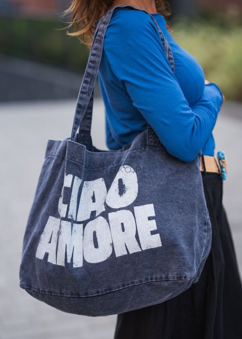 Granatowa bawełniana torba shopper z nadrukiem w różowym kolorze „CIAO AMORE” i długimi uchwytami na ramię