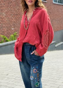 Koszula Lniana Crochet Sleeves Ceglana