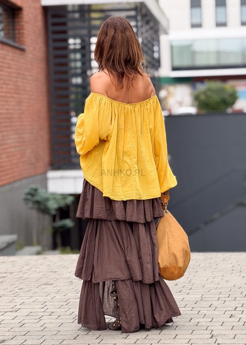 Żółta bluzka damska hiszpanka z odkrytymi ramionami, luźny oversize krój z szerokimi rękawami w stylu boho