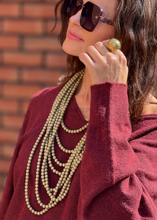 Wielorzędowy naszyjnik damski z beżowych koralików, długi i efektowny, biżuteria handmade w stylu boho