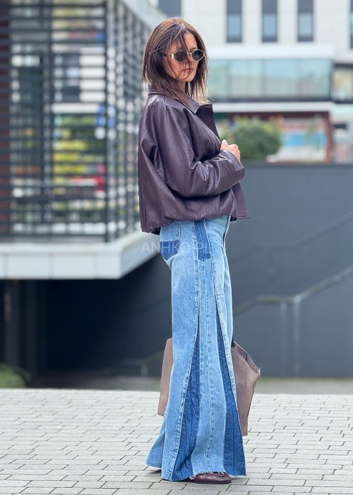 Kurtka z ekoskóry w kolorze burgundowymz luźnym fasonem i lekko ściąganym dołem