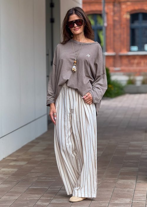 Luźna bluzka damska oversize z długim rękawem w kolorze taupe, casualowa moda damska