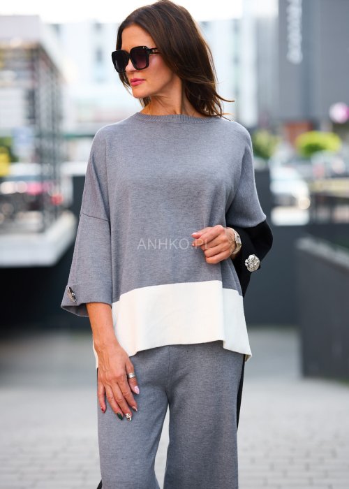 Dwuczęściowy komplet damski w odcieniach szarości z kontrastowymi wstawkami, luźny fason casual