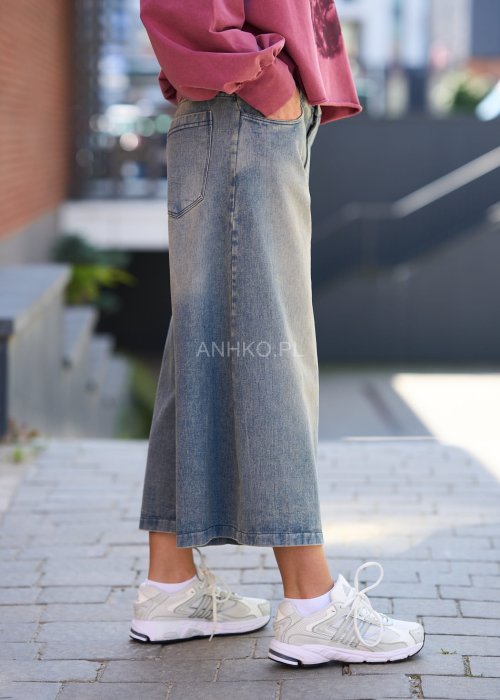 Damskie jeansowe spodnie culottes o szerokiej nogawce, długość 7/8, przetarcia w stylu vintage, casualowy fason