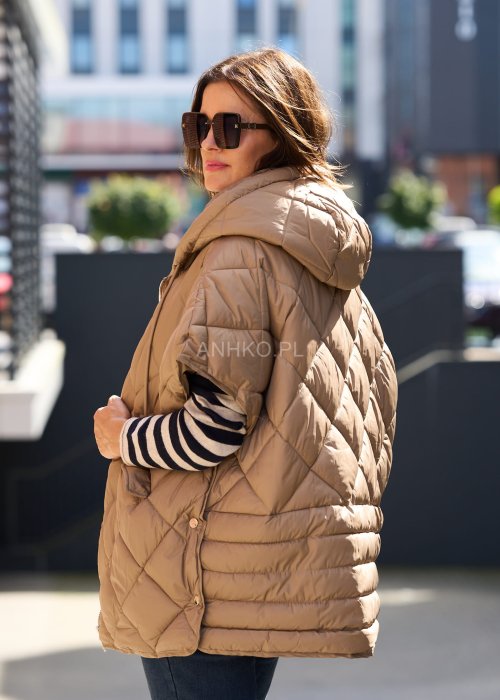 Pikowana kamizelka damska w kolorze beżowym z kapturem, oversize z dużymi kieszeniami