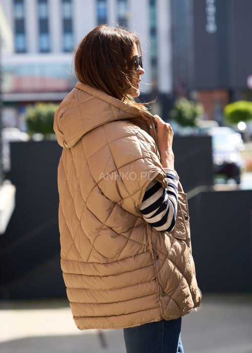 Pikowana kamizelka damska w kolorze beżowym z kapturem, oversize z dużymi kieszeniami