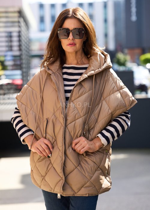 Pikowana kamizelka damska w kolorze beżowym z kapturem, oversize z dużymi kieszeniami