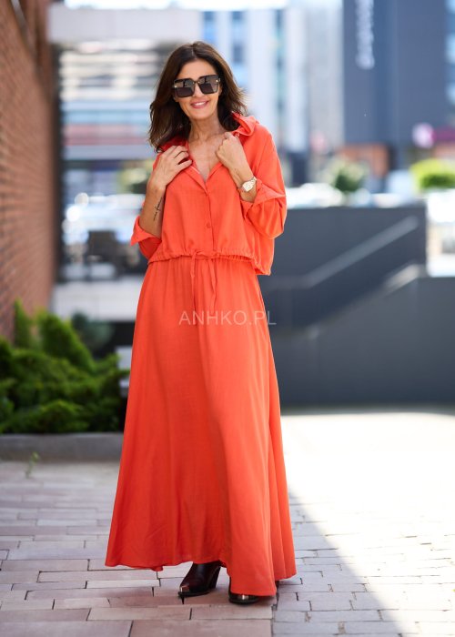 Koralowy komplet damski z długą sukienką maxi i koszulą zapinaną na guziki, luźny krój, styl letni casual