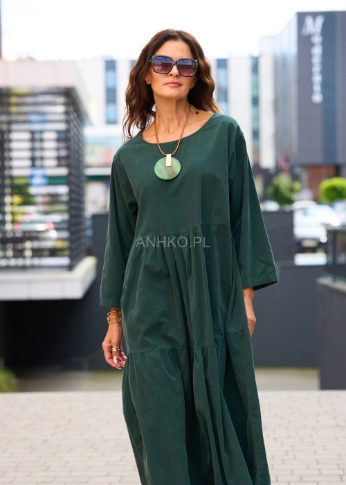 Zielona sukienka damska oversize do połowy łydki, długi rękaw, falbanowe wykończenie, styl casual