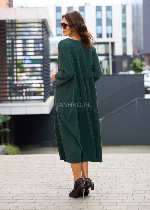 Zielona sukienka damska oversize do połowy łydki, długi rękaw, falbanowe wykończenie, styl casual