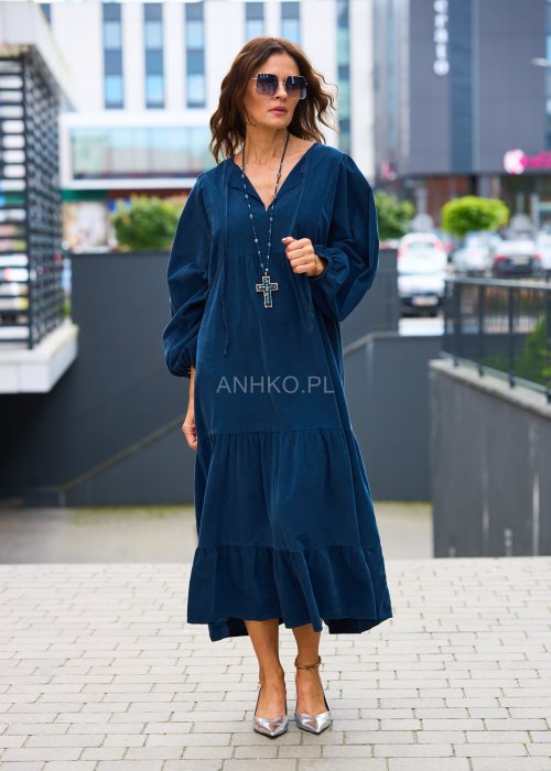 Granatowa sukienka damska maxi z dekoltem w serek, długi rękaw bufka, luźny fason boho