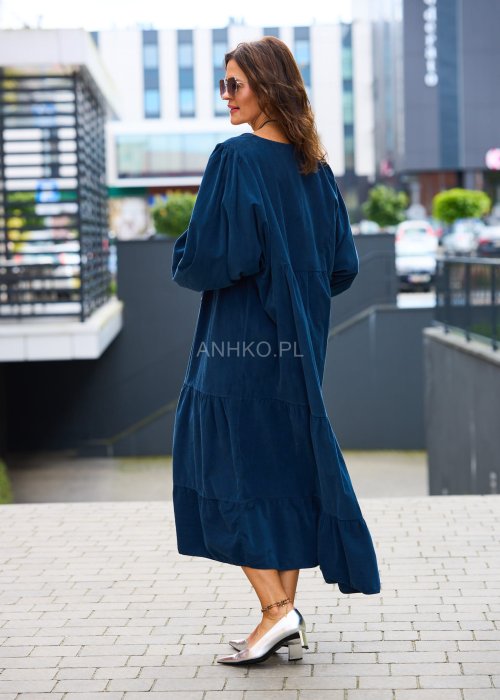 Granatowa sukienka damska maxi z dekoltem w serek, długi rękaw bufka, luźny fason boho