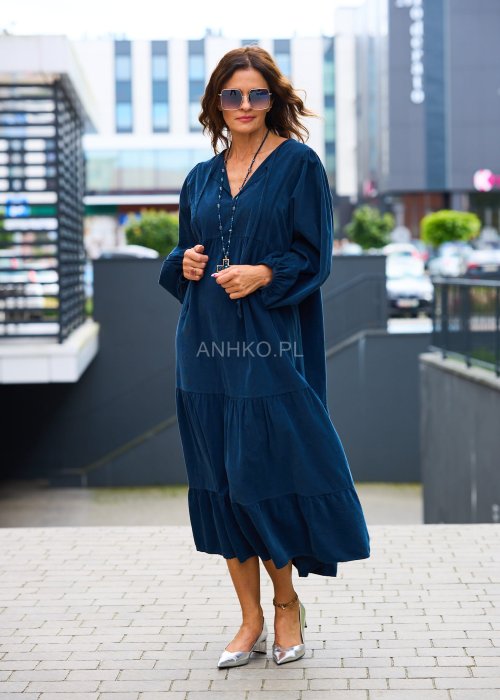 Granatowa sukienka damska maxi z dekoltem w serek, długi rękaw bufka, luźny fason boho