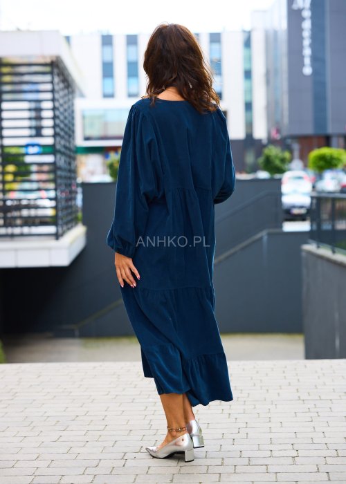 Granatowa sukienka damska maxi z dekoltem w serek, długi rękaw bufka, luźny fason boho