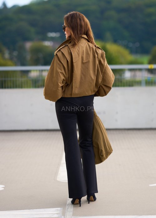 Krótka kurtka damska w kolorze khaki z szerokim kołnierzem i długim rękawem, styl casual