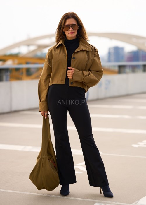 Krótka kurtka damska w kolorze khaki z szerokim kołnierzem i długim rękawem, styl casual