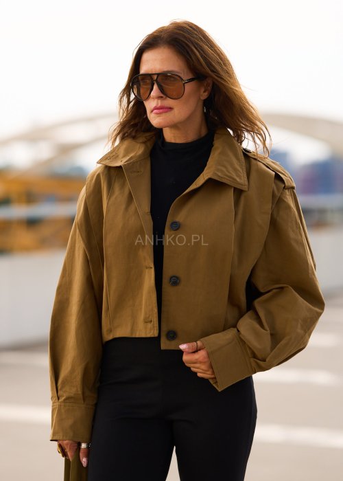 Krótka kurtka damska w kolorze khaki z szerokim kołnierzem i długim rękawem, styl casual