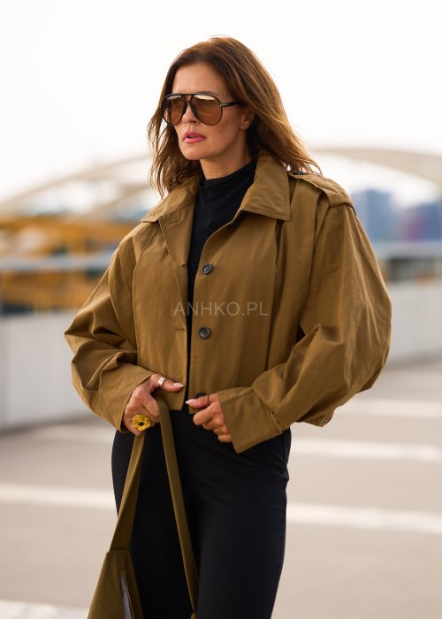 Krótka kurtka damska w kolorze khaki z szerokim kołnierzem i długim rękawem, styl casual
