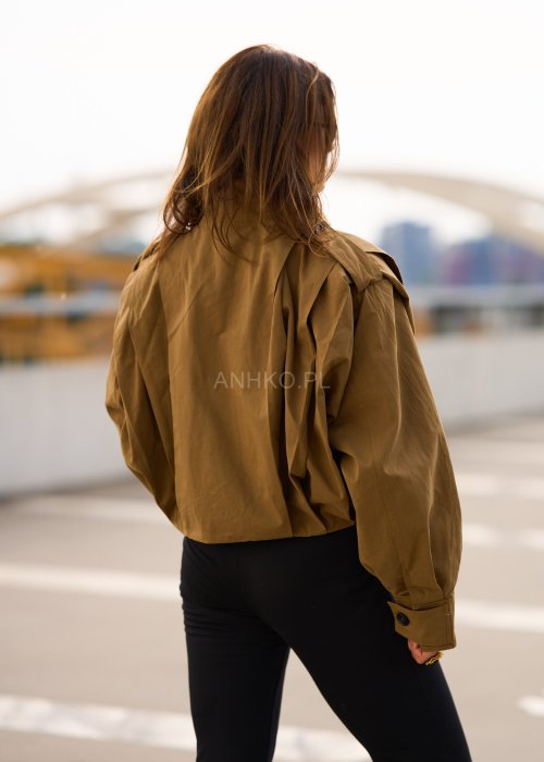Krótka kurtka damska w kolorze khaki z szerokim kołnierzem i długim rękawem, styl casual