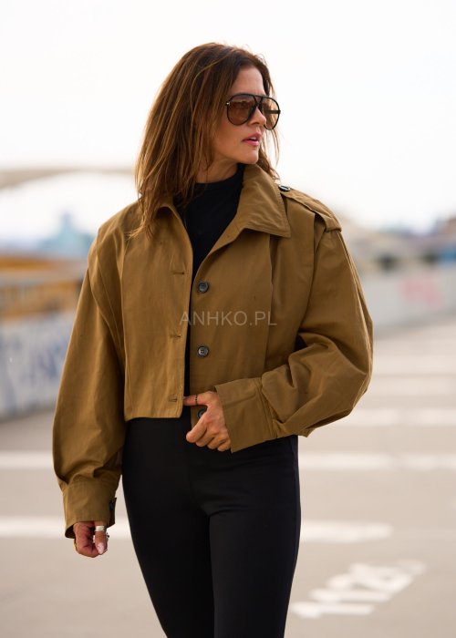 Krótka kurtka damska w kolorze khaki z szerokim kołnierzem i długim rękawem, styl casual