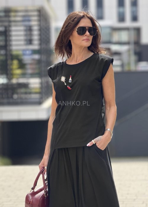 Czarna bluzka damska bez rękawów z ozdobnymi aplikacjami w stylu casual