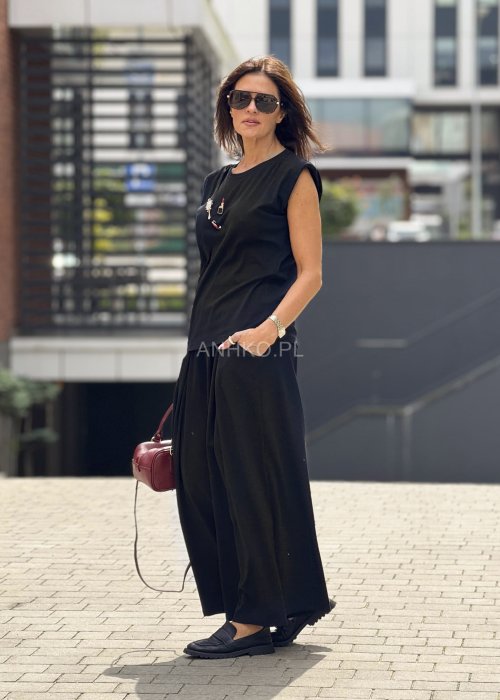 Czarna bluzka damska bez rękawów z ozdobnymi aplikacjami w stylu casual