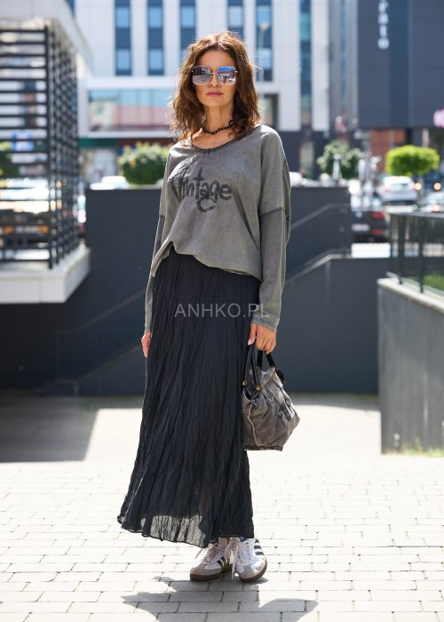 Szara bluza damska oversize z nadrukiem Vintage, długi rękaw, styl miejski casual