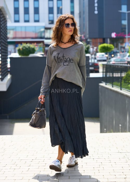 Szara bluza damska oversize z nadrukiem Vintage, długi rękaw, styl miejski casual