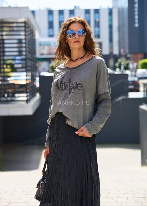 Szara bluza damska oversize z nadrukiem Vintage, długi rękaw, styl miejski casual