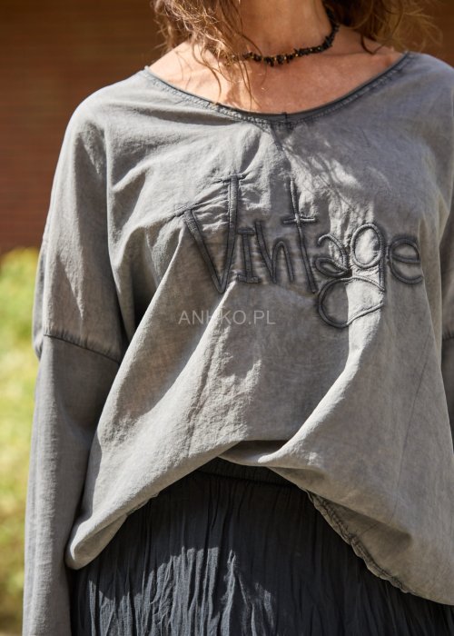Szara bluza damska oversize z nadrukiem Vintage, długi rękaw, styl miejski casual