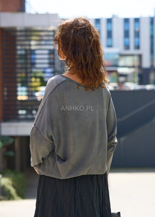 Szara bluza damska oversize z nadrukiem Vintage, długi rękaw, styl miejski casual