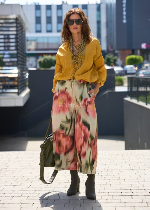 Luźne spodnie damskie z wysokim stanem i szeroką nogawką, pastelowy kwiatowy print, styl boho