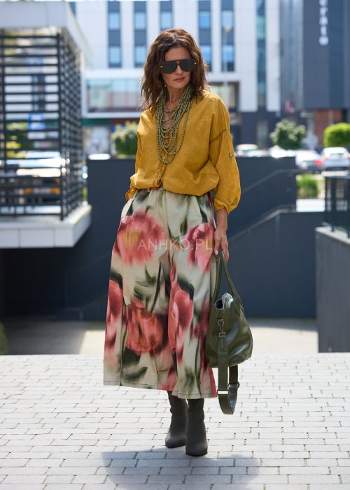 Luźne spodnie damskie z wysokim stanem i szeroką nogawką, pastelowy kwiatowy print, styl boho