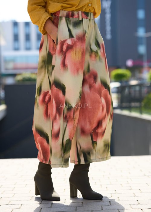 Luźne spodnie damskie z wysokim stanem i szeroką nogawką, pastelowy kwiatowy print, styl boho