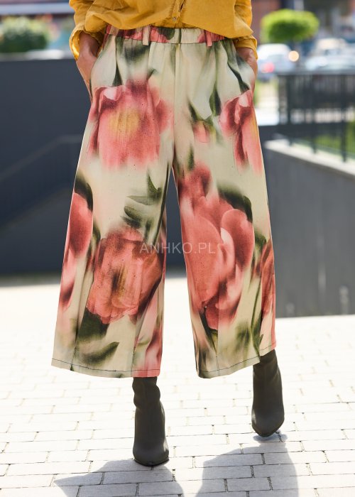 Luźne spodnie damskie z wysokim stanem i szeroką nogawką, pastelowy kwiatowy print, styl boho