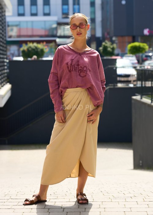 Różowa bluzka damska oversize z długim rękawem i nadrukiem Vintage, dekolt w serek, styl casual