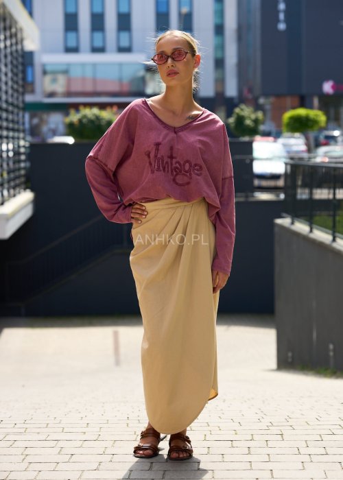 Różowa bluzka damska oversize z długim rękawem i nadrukiem Vintage, dekolt w serek, styl casual