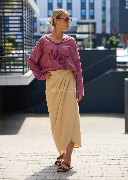 Różowa bluzka damska oversize z długim rękawem i nadrukiem Vintage, dekolt w serek, styl casual