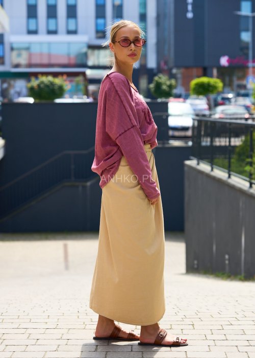 Różowa bluzka damska oversize z długim rękawem i nadrukiem Vintage, dekolt w serek, styl casual