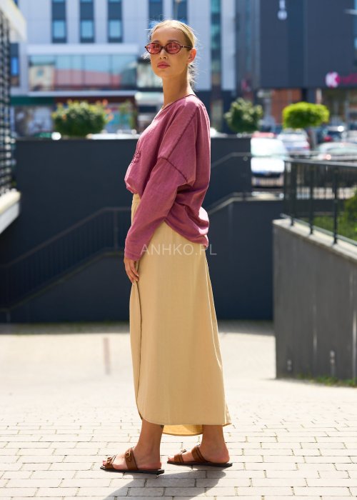 Różowa bluzka damska oversize z długim rękawem i nadrukiem Vintage, dekolt w serek, styl casual